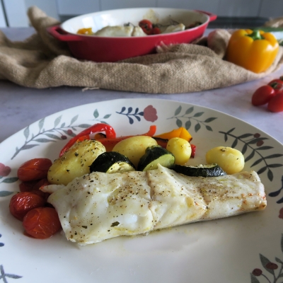 Bacalhau assado com legumes