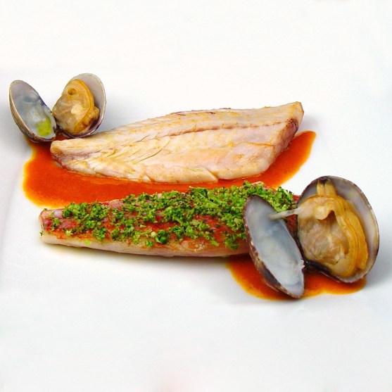 Red mullet and clams with red piperrada and panada verde