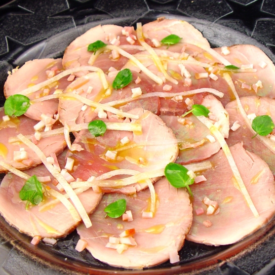 Partially cooked tuna loin carpaccio