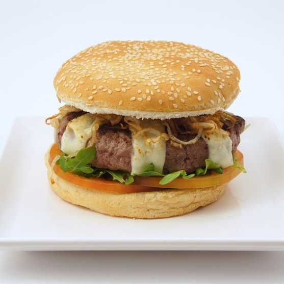 Beef burger with fried onion and galician tetilla cheese