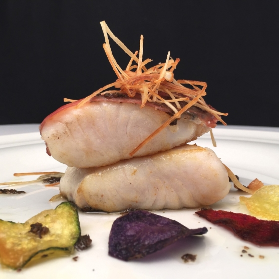 Hake with iberian ham and smoked vegetable chips